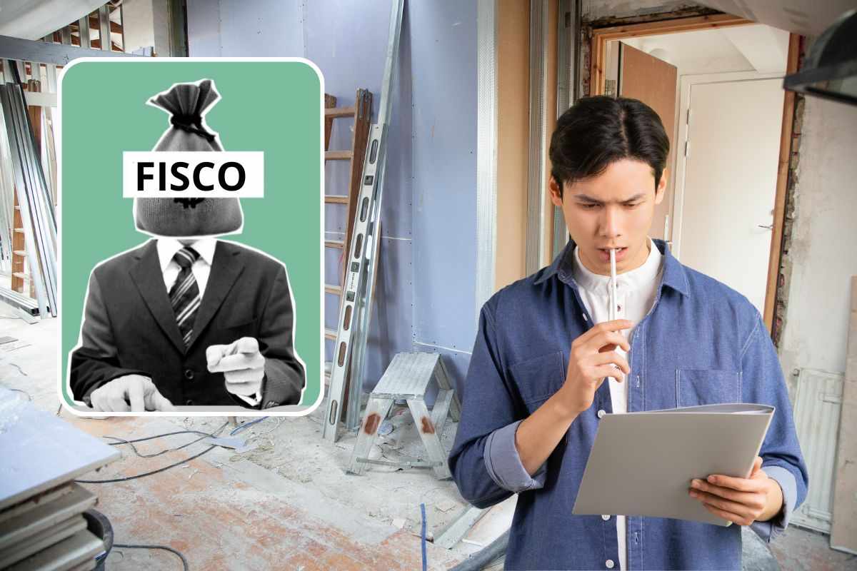 Uomo legge documento in casa con lavori di ristrutturazione